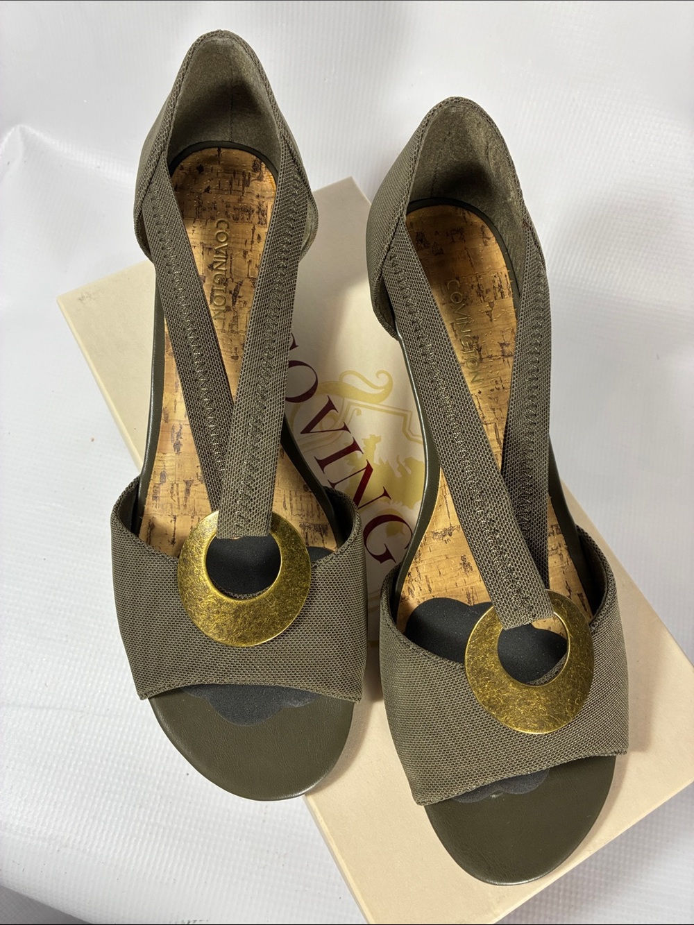 Covington Olive Green Slingback Heels with Gold Medallion